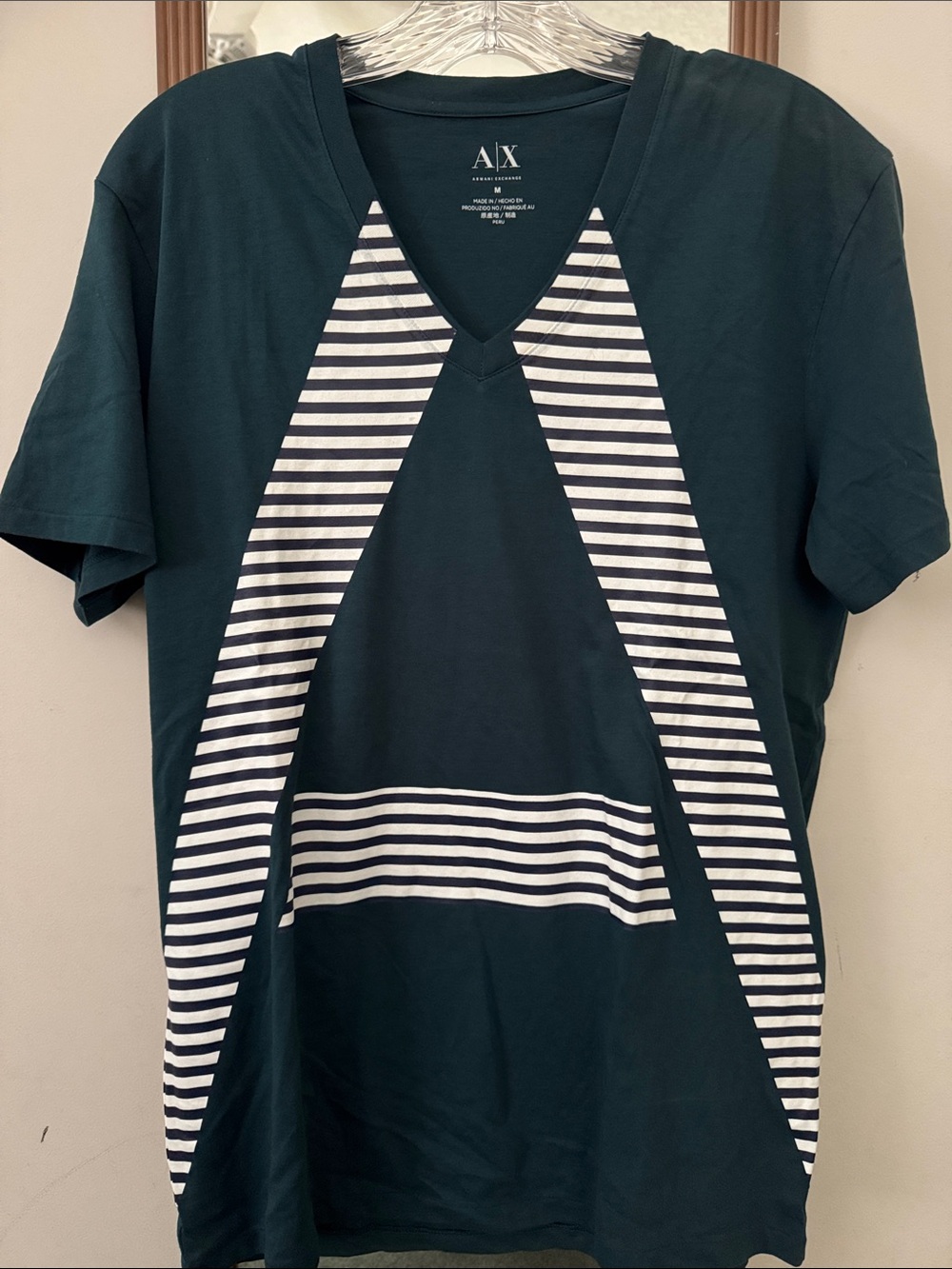 Armani Exchange Teal V-Neck Tee with White Striped Panels